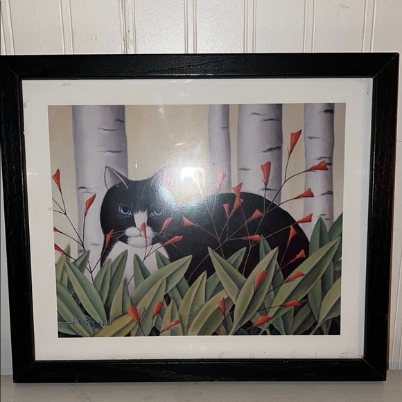 90s 1994 Framed Cat Art with Red Flowers Diana Jackson print - Picture 2 of 8